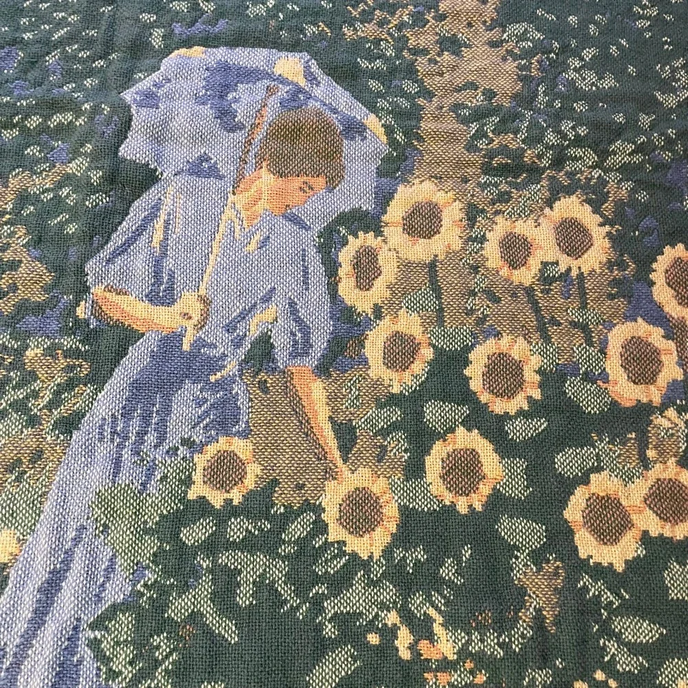 Goodwin Weavers Woven Throw Blanket Tapestry Lady Sunflower Garden Fringe USA